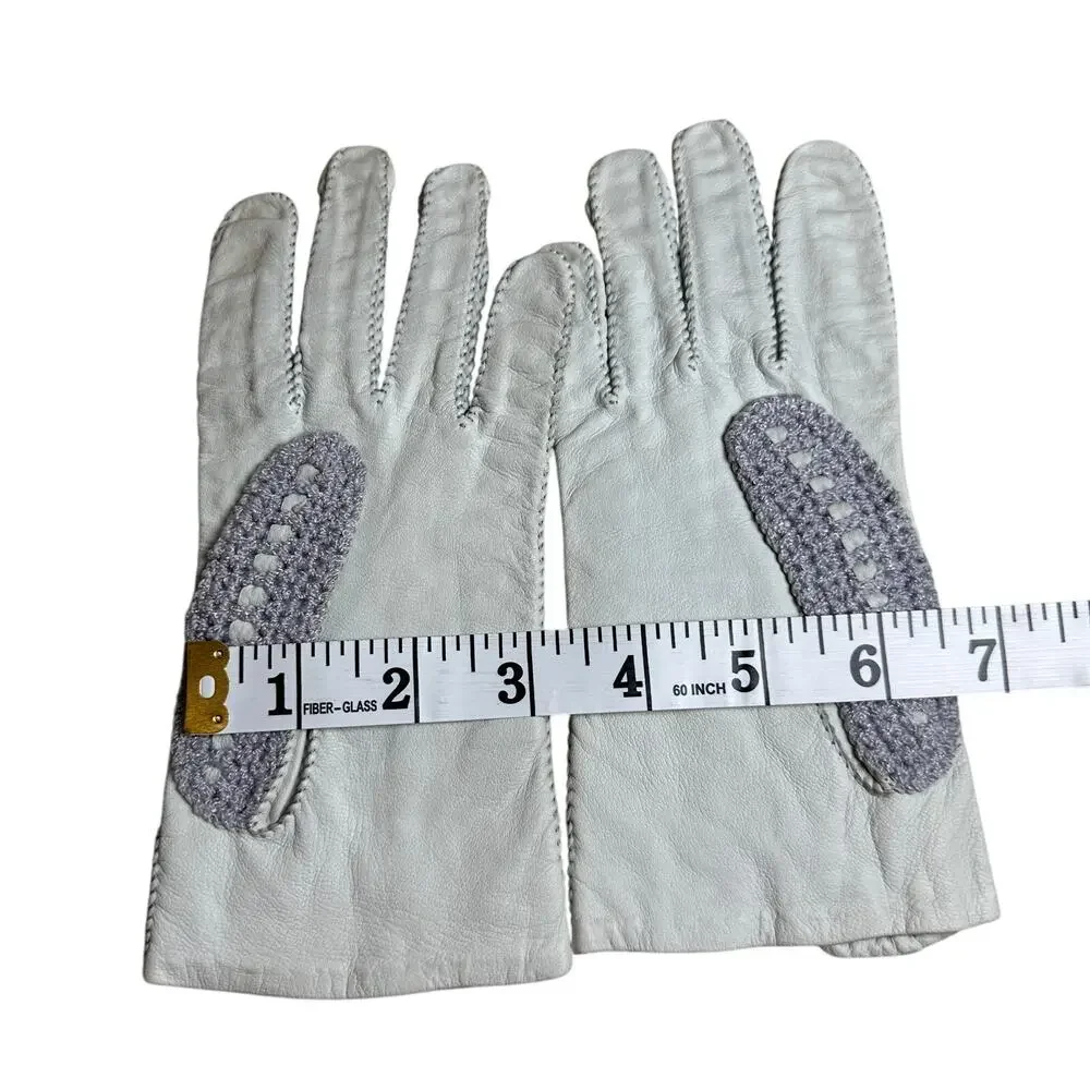 Vintage Light Gray Leather & Gray Lavender Crochet Driving Gloves Size 7.5